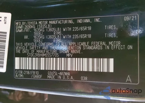 2021 Toyota Highlander L из США, поврежденный, VIN 5TDCZRBH8MS557705